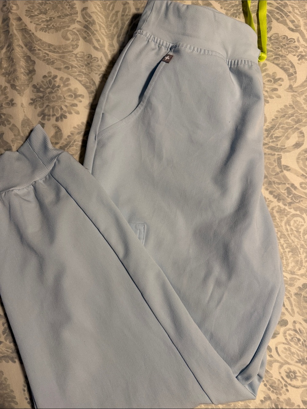 Figs Light Blue Lounge Joggers with Neon Yellow Drawstring